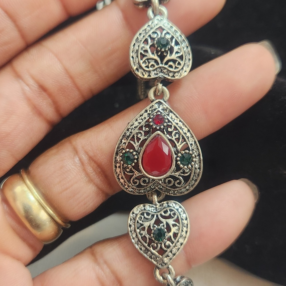 Silver Tone Filigree Heart Link Bracelet Red Green Rhinestone
 7in.